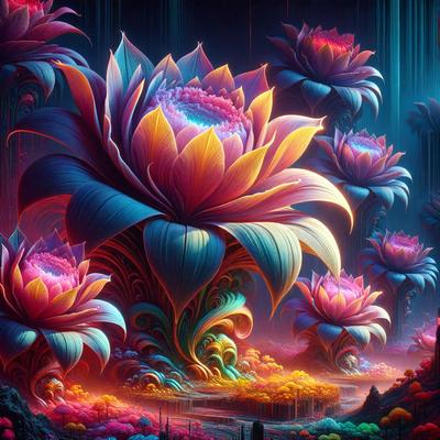 The primary subject of the image is a large, colorful flower with a vibrant pink and blue hue. The flower is surrounded by a variety of other flowers, creating a lush and vibrant scene. The setting is a colorful, digital artwork with a surreal and fantastical atmosphere. The visual style is a combination of digital art and illustration, with a focus on intricate details and vivid colors. The overall mood of the image is one of beauty, creativity, and imagination.